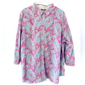 Chaps Colorful Pink Blue Paisley No Iron Button Tunic Blouse Shirt Women’s 3X